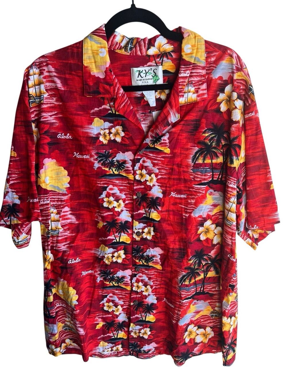 KY’s Men's 2XL Shirt Hawaii-Made USA Tropical Red Aloha Cotton Bright Colorful
